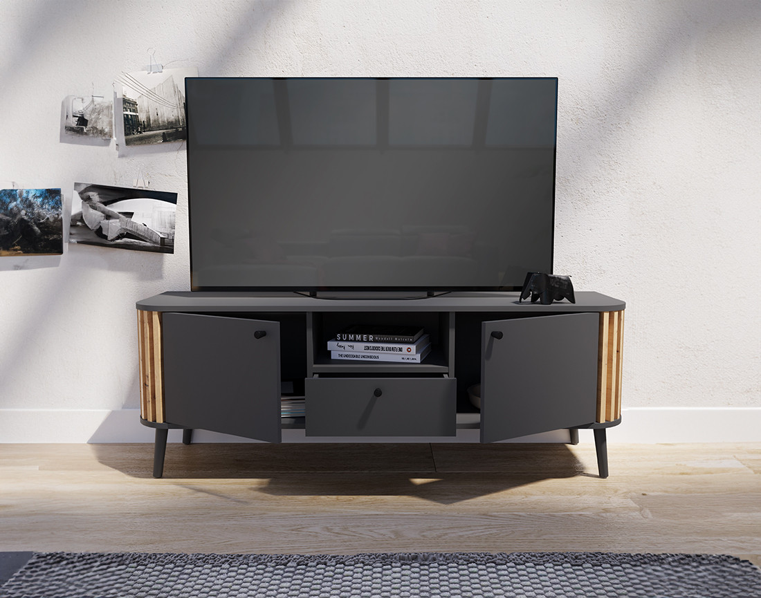 Meuble TV gris et bois 2 portes, 1 tiroir et 1 niche 138 cm Camberwell