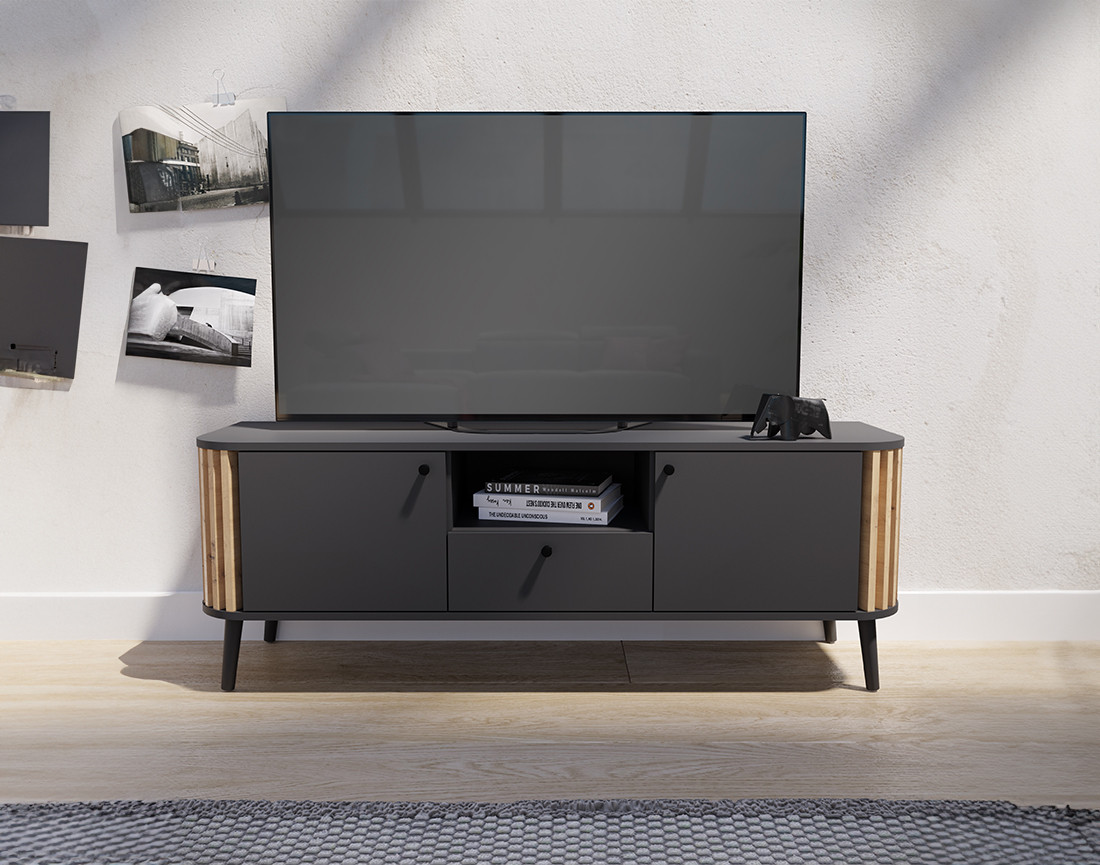 Meuble TV gris et bois 2 portes, 1 tiroir et 1 niche 138 cm Camberwell