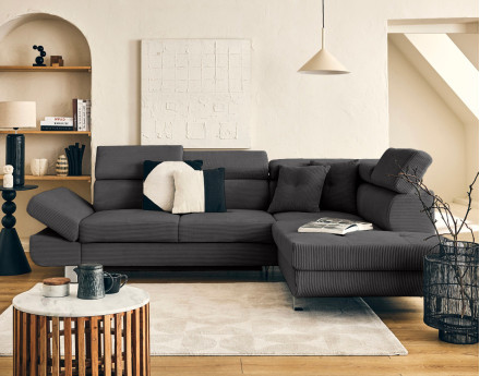 Canapé d'angle droit convertible et têtières en velours côtelé Lisbona