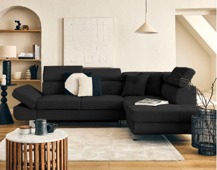 Canapé d'angle droit convertible et têtières en velours côtelé Lisbona