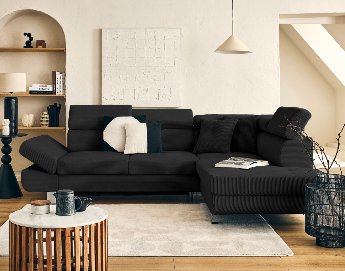 Canapé d'angle droit convertible et têtières en velours côtelé Lisbona