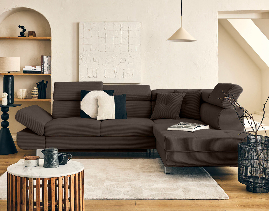 Canapé d'angle droit convertible et têtières en velours côtelé Lisbona