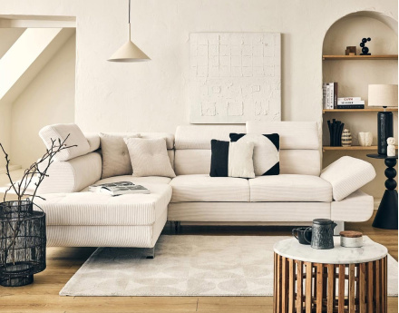 Canapé d'angle gauche convertible et têtières en velours côtelé Lisbona