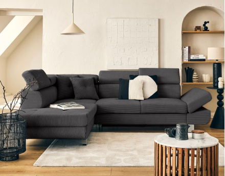 Canapé d'angle gauche convertible et têtières en velours côtelé Lisbona