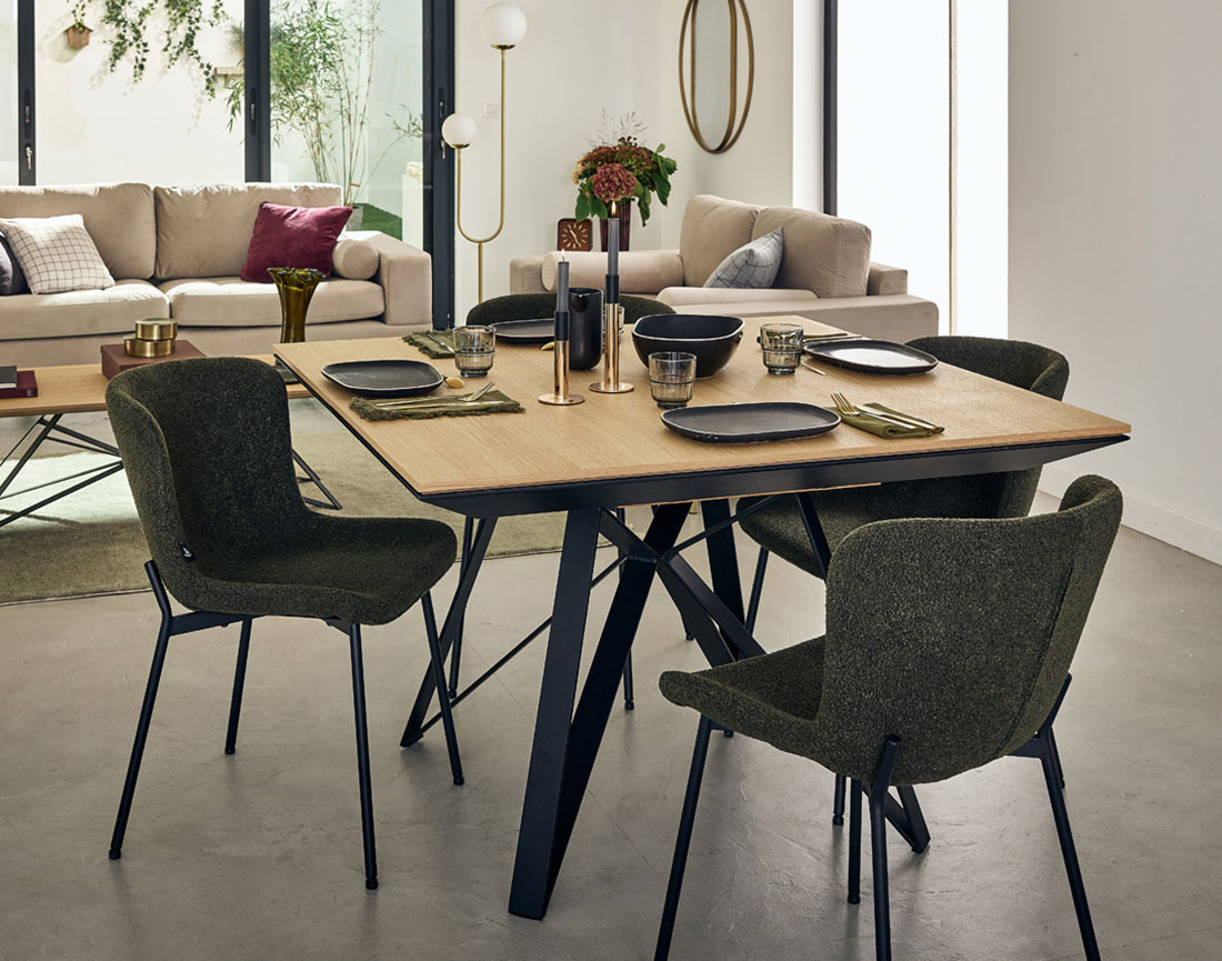 Table à manger carrée extensible bois et métal 120 à 212 cm Belize