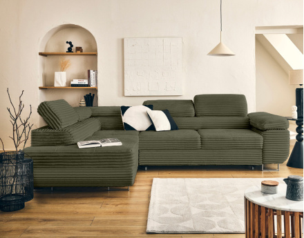 Canapé d'angle gauche 5 places convertible avec coffre et têtières en velours côtelé grosses côtes Zaria