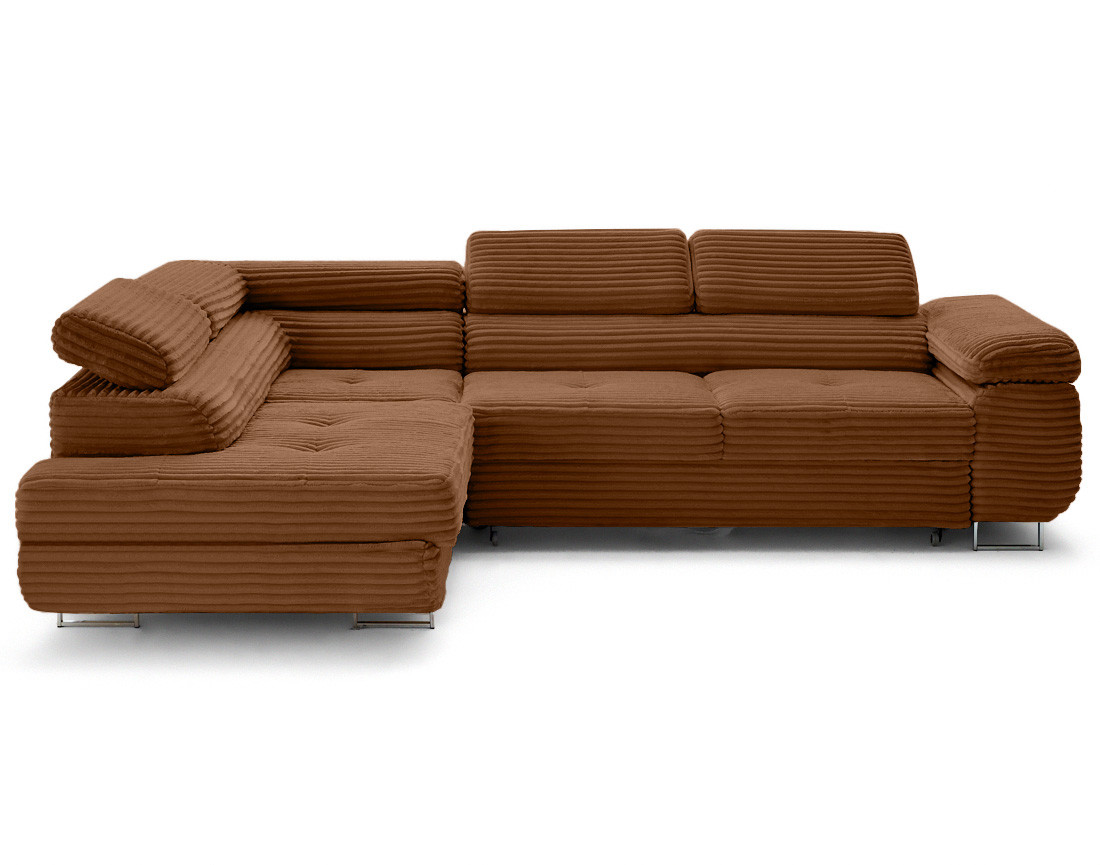 Canapé d'angle gauche 5 places convertible avec coffre et têtières en velours côtelé grosses côtes Zaria