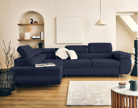 Canapé d'angle gauche 5 places convertible avec coffre et têtières en velours côtelé grosses côtes Zaria