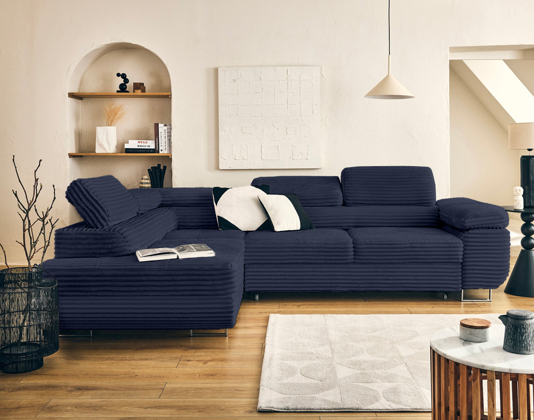 Canapé d'angle gauche 5 places convertible avec coffre et têtières en velours côtelé grosses côtes Zaria