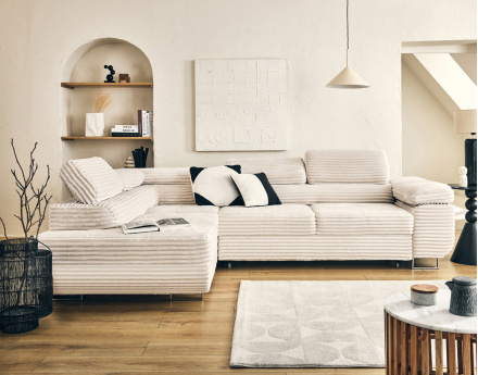 Canapé d'angle gauche 5 places convertible avec coffre et têtières en velours côtelé grosses côtes Zaria