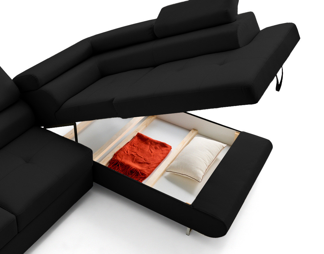 Canapé d'angle droit 5 places convertible avec coffre et têtières en simili Zaria