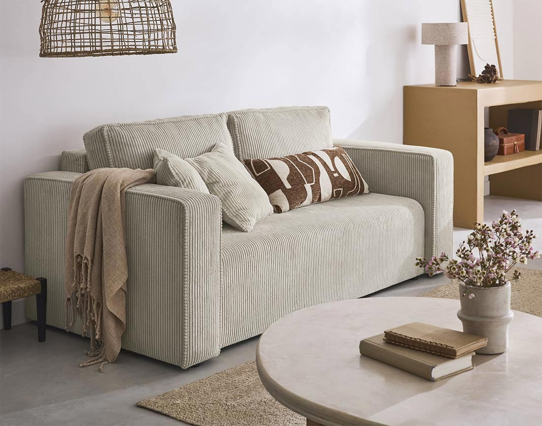 Canapé droit 2 places en velours côtelé Topaze