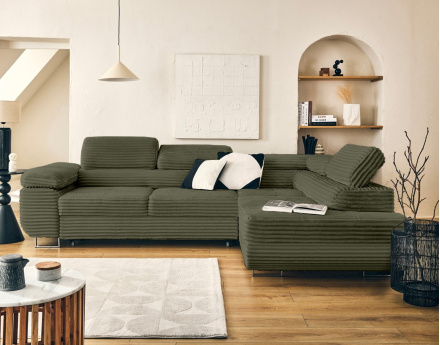 Canapé d'angle droit 5 places convertible avec coffre et têtières en velours côtelé grosses côtes Zaria