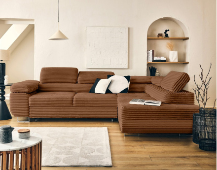 Canapé d'angle droit 5 places convertible avec coffre et têtières en velours côtelé grosses côtes Zaria