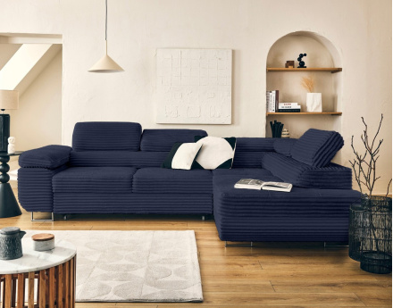 Canapé d'angle droit 5 places convertible avec coffre et têtières en velours côtelé grosses côtes Zaria