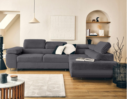 Canapé d'angle droit 5 places convertible avec coffre et têtières en velours côtelé grosses côtes Zaria