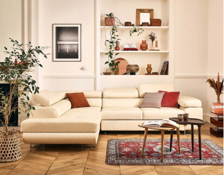 Canapé d'angle gauche 5 places convertible avec coffre et têtières en simili Zaria