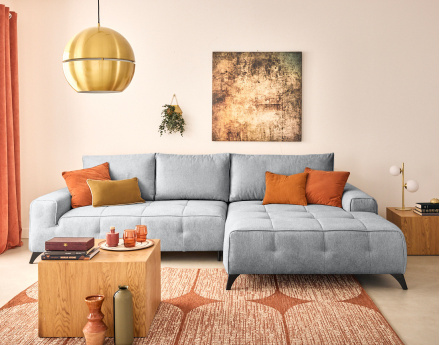 Canapé d'angle droit 4 places convertible avec coffre en tissu texturé Rimini