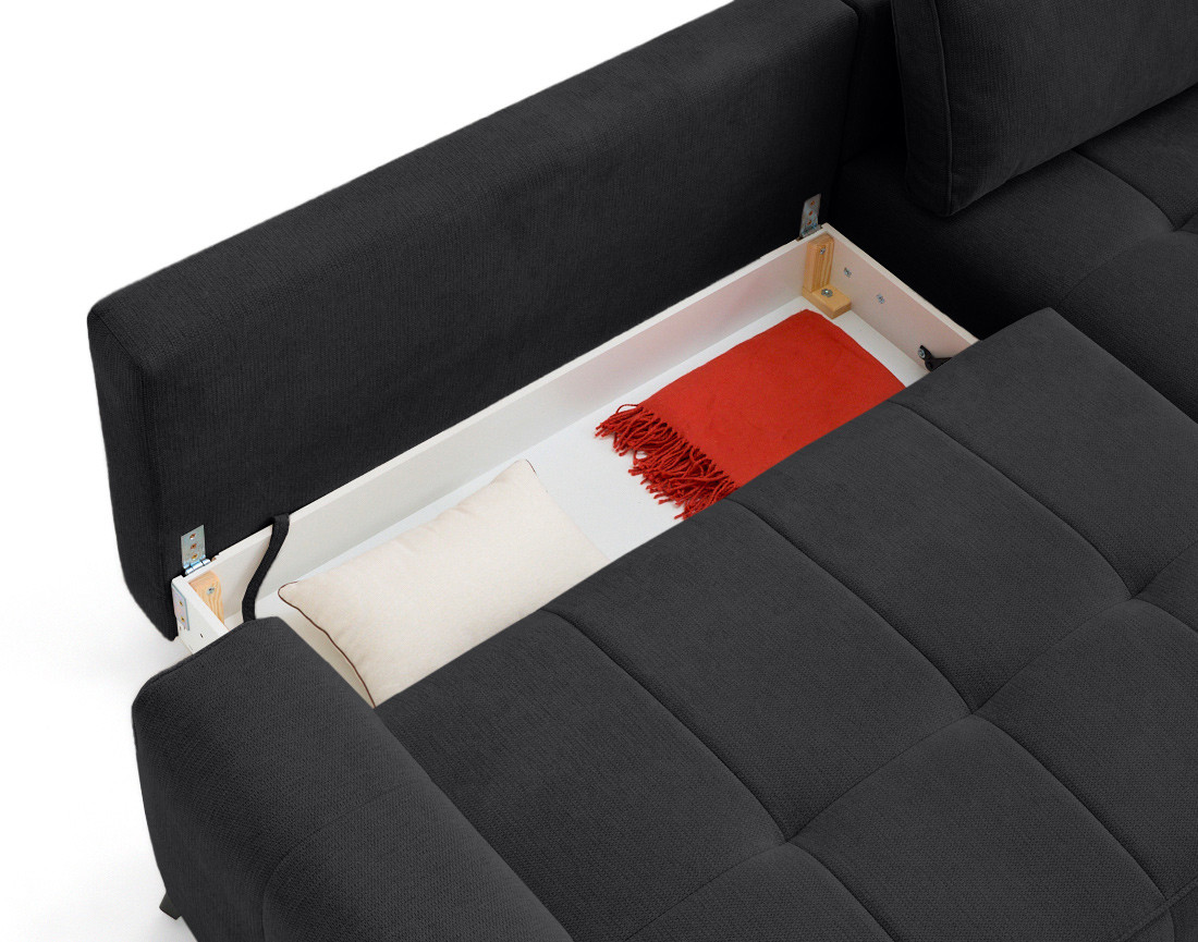 Canapé d'angle droit 4 places convertible avec coffre en tissu texturé Rimini