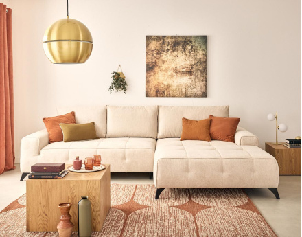 Canapé d'angle droit 4 places convertible avec coffre en tissu texturé Rimini