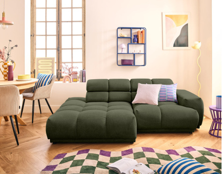 Canapé d'angle gauche 3 places avec têtières réglables en tissu texturé Matera