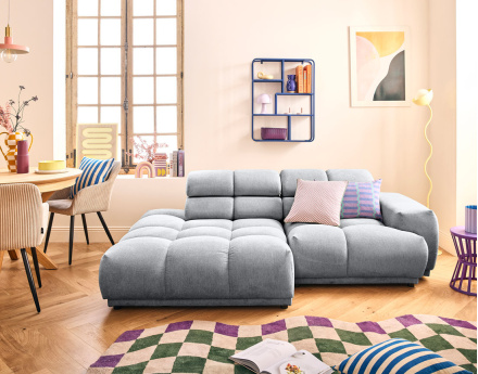 Canapé d'angle gauche 3 places avec têtières réglables en tissu texturé Matera