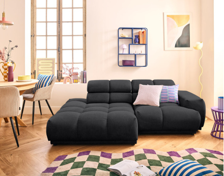 Canapé d'angle gauche 3 places avec têtières réglables en tissu texturé Matera