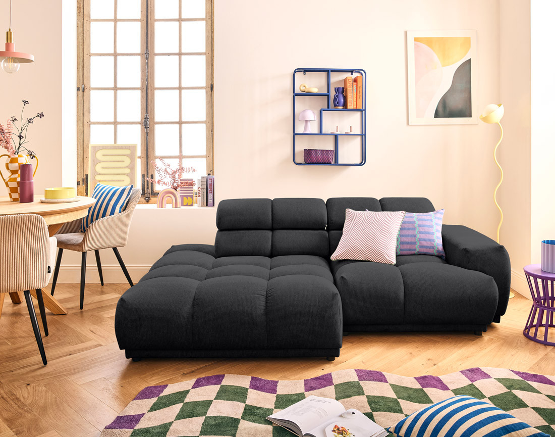 Canapé d'angle gauche 3 places avec têtières réglables en tissu texturé Matera