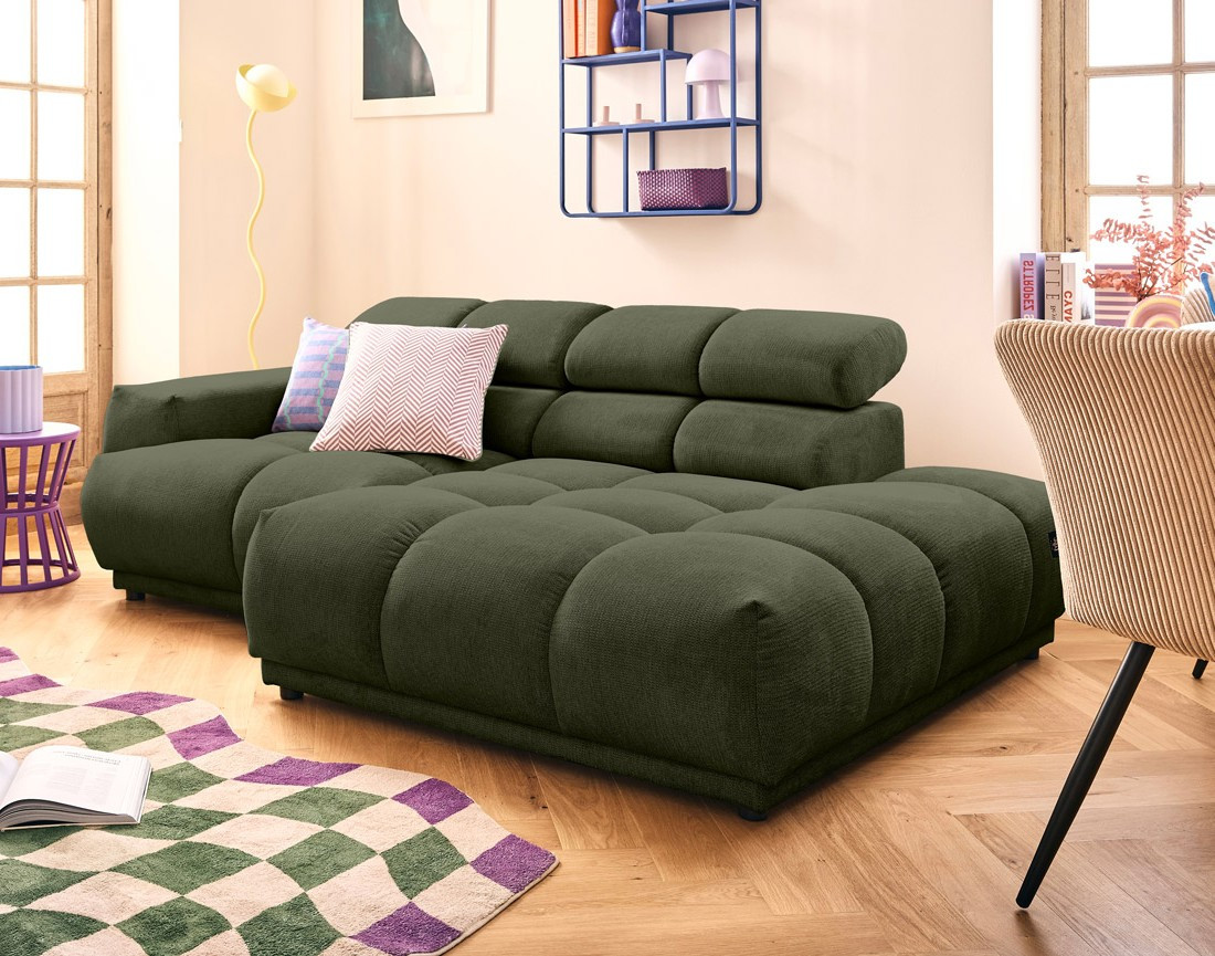 Canapé d'angle droit 3 places avec têtières réglables en tissu texturé Matera