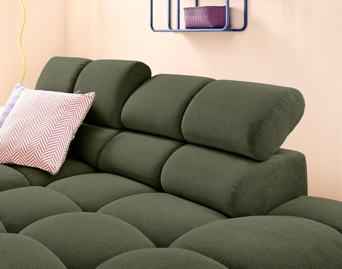 Canapé d'angle droit 3 places avec têtières réglables en tissu texturé Matera