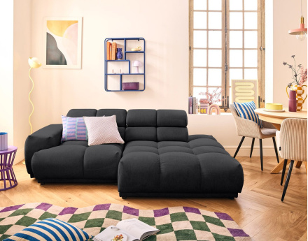 Canapé d'angle droit 3 places avec têtières réglables en tissu texturé Matera