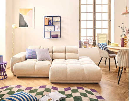 Canapé d'angle droit 3 places avec têtières réglables en tissu texturé Matera