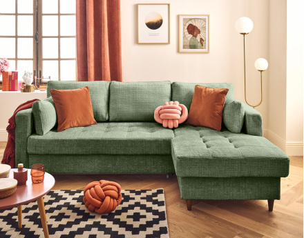 Canapé d'angle droit 4 places convertible avec coffre en velours texturé Anna