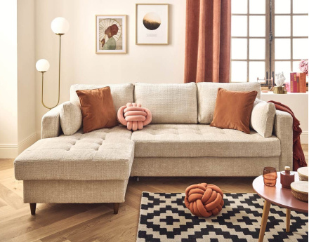 Canapé d'angle gauche 4 places convertible avec coffre en velours texturé Anna