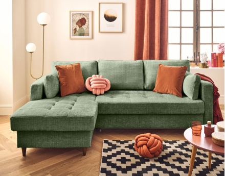 Canapé d'angle gauche 4 places convertible avec coffre en velours texturé Anna