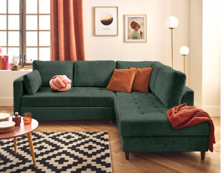 Canapé d'angle droit 5 places convertible en velours texturé Anna