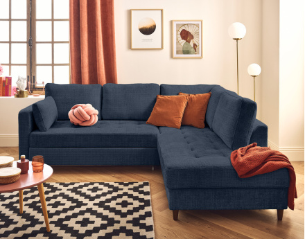 Canapé d'angle droit 5 places convertible en velours texturé Anna