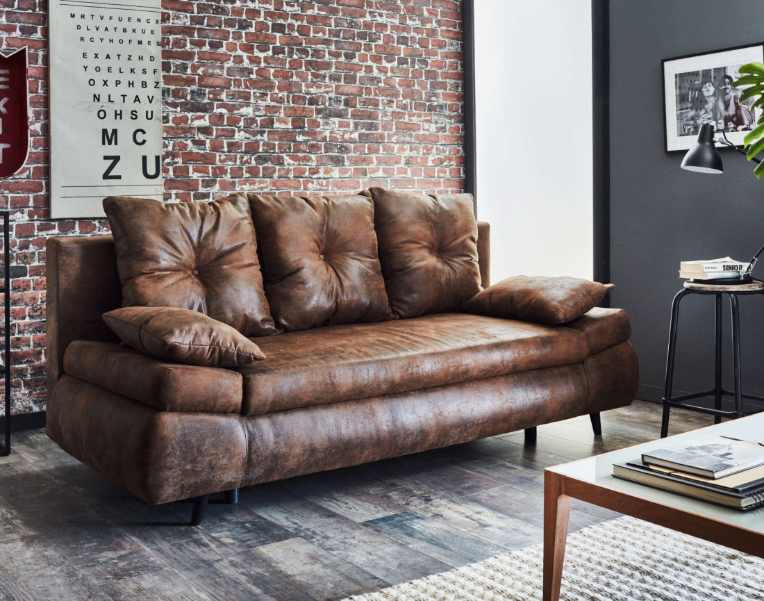 Larson - Canapé droit 3 places convertible - avec coffre de rangement - style industriel