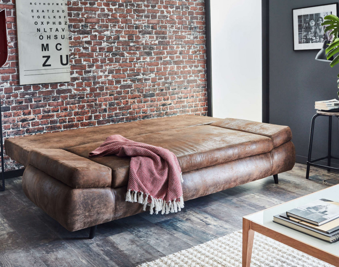 Larson - Canapé droit 3 places convertible - avec coffre de rangement - style industriel