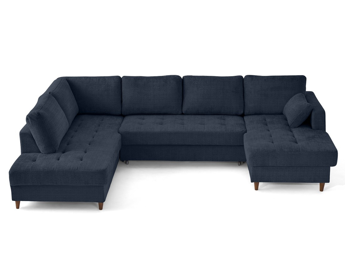 Canapé panoramique d'angle gauche 7 places convertible avec coffre en velours texturé Anna