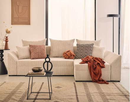 Canapé d'angle réversible 4 places convertible avec coffre en velours côtelé Mike