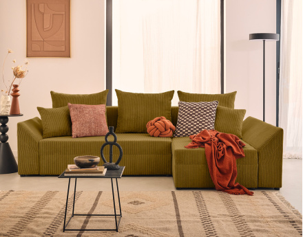 Canapé d'angle réversible 4 places convertible avec coffre en velours côtelé Mike