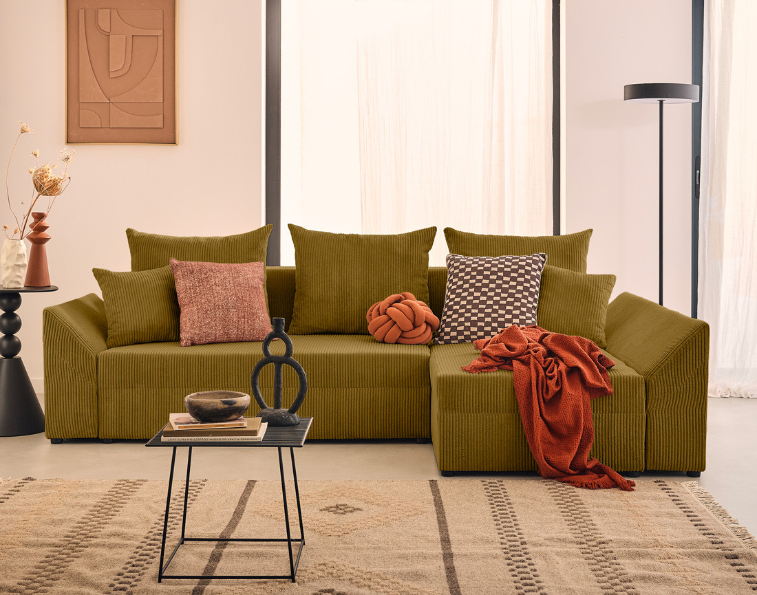 Canapé d'angle réversible 4 places convertible avec coffre en velours côtelé Mike