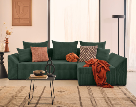 Canapé d'angle réversible 4 places convertible avec coffre en velours côtelé Mike