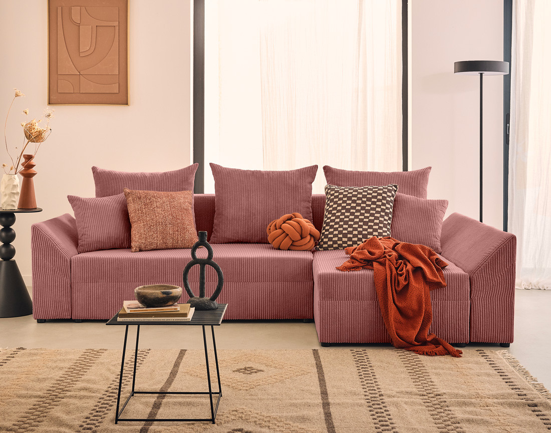 Canapé d'angle réversible 4 places convertible avec coffre en velours côtelé Mike