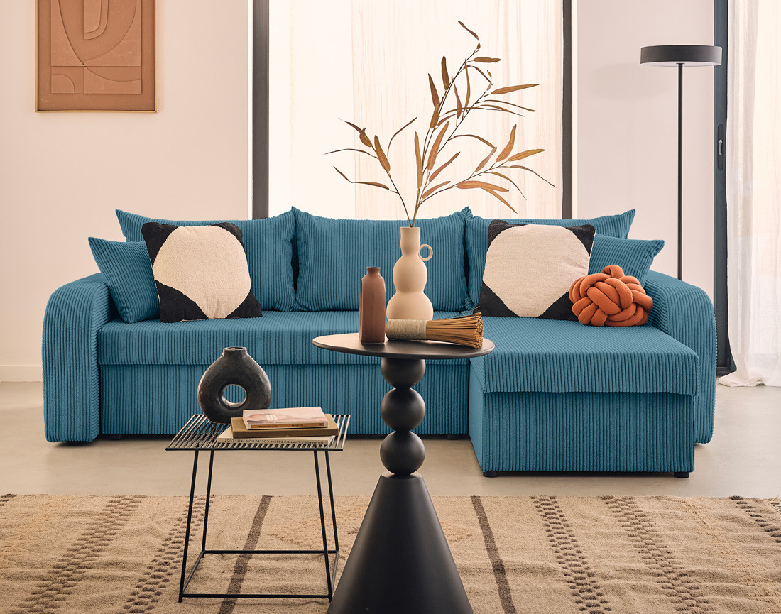 Canapé d'angle réversible convertible avec coffres 4 places en velours côtelé Valos