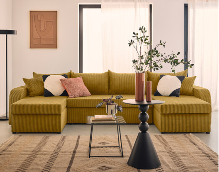 Canapé panoramique en U convertible avec coffres 7 places en velours côtelé Valos