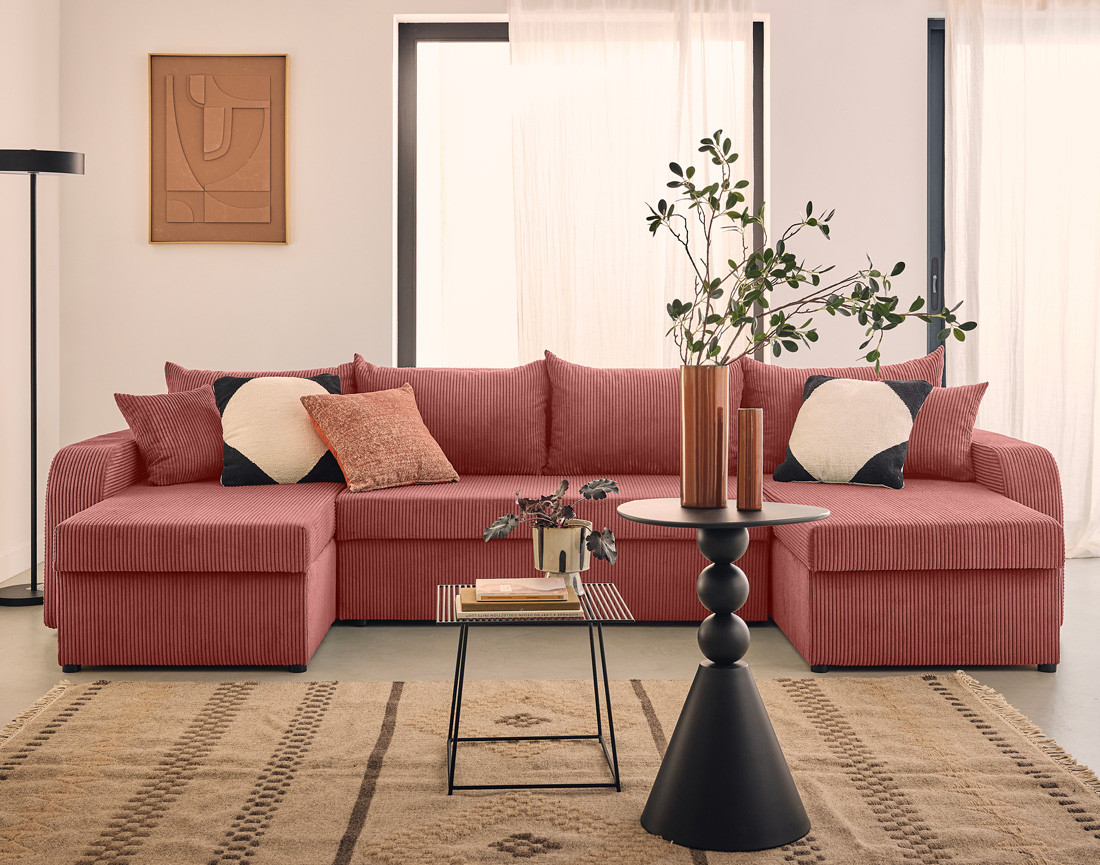 Canapé panoramique en U convertible avec coffres 7 places en velours côtelé Valos