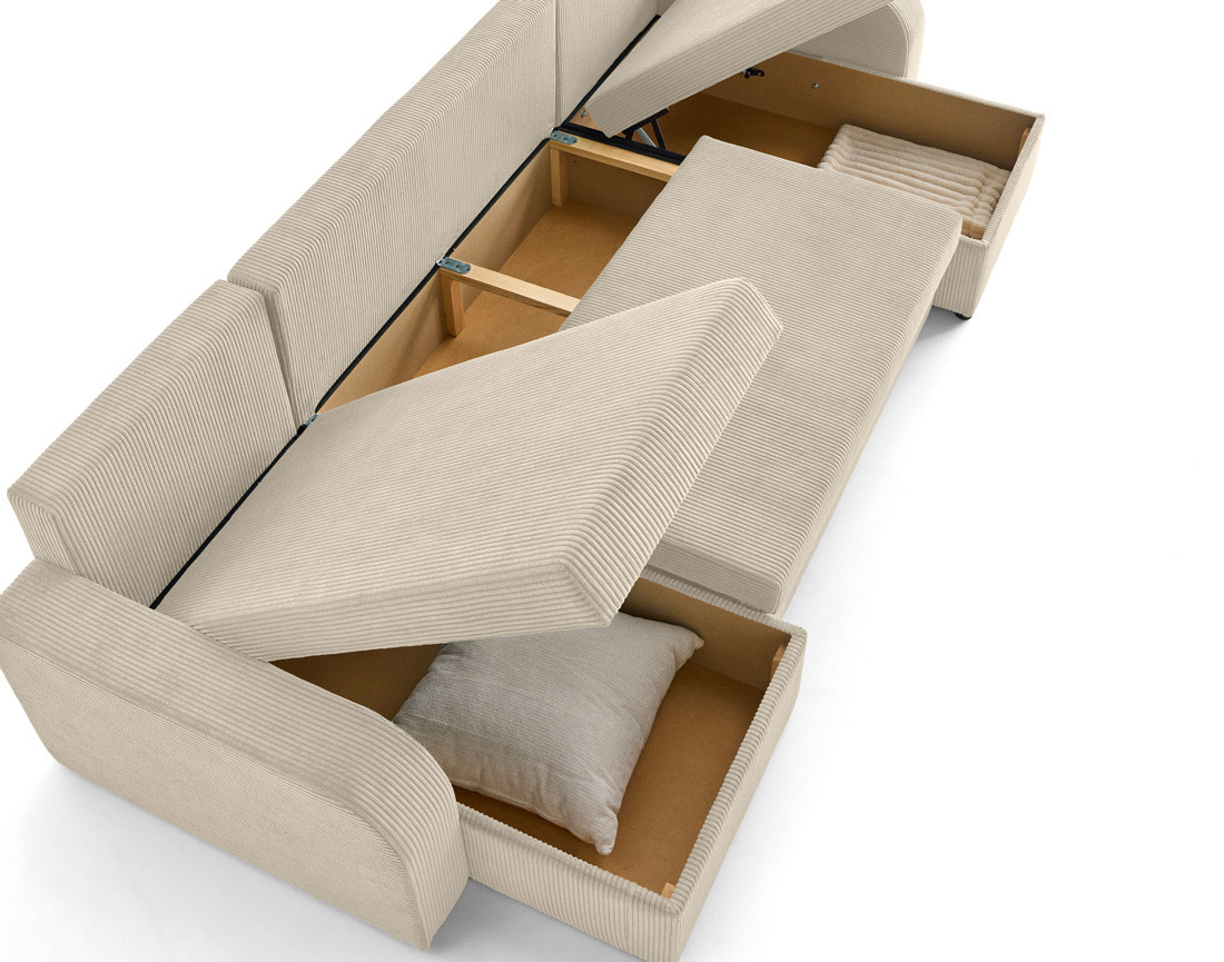 Canapé panoramique en U convertible avec coffres 7 places en velours côtelé Valos