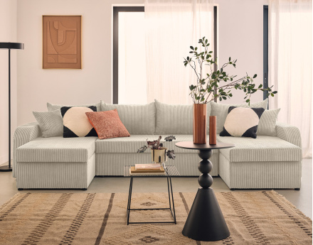 Canapé panoramique en U convertible avec coffres 7 places en velours côtelé Valos